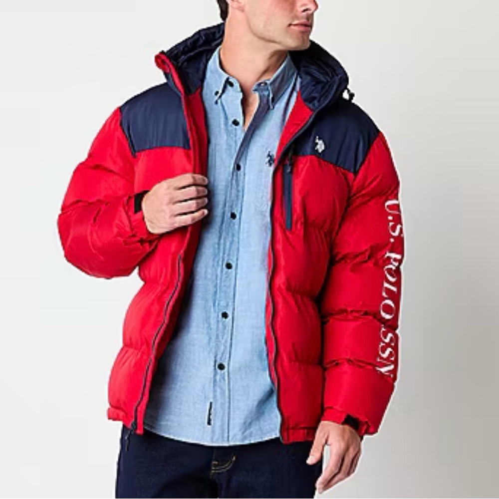 U.S. Polo Assn. Men's Colorblock Red White Blue Navy Puffer Jacket Coat Small